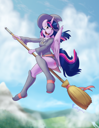 Size: 1400x1811 | Tagged: safe, artist:punk-pegasus, derpibooru import, twilight sparkle, twilight sparkle (alicorn), alicorn, anthro, plantigrade anthro, anime, belt, boots, broom, clothes, crossover, cute, dress, female, flying, flying broomstick, hat, little witch academia, mare, miniskirt, open mouth, shoes, side slit, skirt, skirt lift, smiling, solo, thighs, twiabetes, witch, witch hat