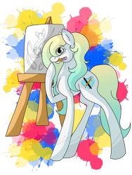 Size: 1500x2000 | Tagged: safe, artist:stereo-of-the-heart, oc, oc only, oc:glacier blaze, earth pony, pony, canvas, drawing, female, mare, mouth hold, paintbrush, solo