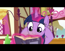 Size: 720x565 | Tagged: safe, derpibooru import, screencap, twilight sparkle, twilight sparkle (alicorn), alicorn, yakity-sax, bench, book, cropped, cute, discovery family logo, hooves behind head, levitation, magic, ponyville, reading, reclining, sitting, solo, telekinesis, twiabetes