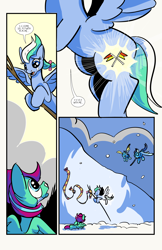 Size: 6600x10200 | Tagged: safe, artist:lytlethelemur, derpibooru import, soarin', oc, oc:gimbal lock, oc:rally point, pegasus, pony, comic:fly with me, absurd resolution, adventure, clothes, comic, cute, littlepartycomics, scarf, snow, tree branch, wildabeard