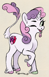 Size: 1559x2401 | Tagged: safe, artist:rubyorion, derpibooru import, sweetie belle, classical unicorn, pony, unicorn, cloven hooves, colored hooves, cutie mark, facial hair, female, filly, goatee, leonine tail, one eye closed, raised hoof, solo, the cmc's cutie marks, unshorn fetlocks, wink