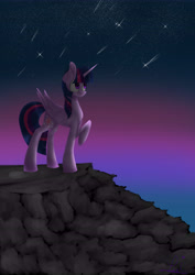 Size: 4961x7016 | Tagged: safe, artist:leeileria, twilight sparkle, twilight sparkle (alicorn), alicorn, pony, absurd resolution, cliff, shooting star, smiling, solo, stargazing, stars, twilight (astronomy)