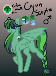 Size: 550x750 | Tagged: safe, artist:eppyminecart, derpibooru import, oc, oc only, oc:cyan sceptre, bat pony, pony, colored sclera, female, gradient background, icey-verse, mare, offspring, parent:oc:dark script, parent:oc:lime tendrill, parents:oc x oc, solo