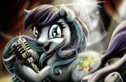 Size: 1024x662 | Tagged: safe, artist:zene, derpibooru import, coloratura, earth pony, pony, beam, female, flashing lights, glowing cutie mark, looking at you, microphone, open mouth, rara, side view, singing, smiling