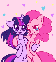 Size: 390x433 | Tagged: safe, artist:miniaru, derpibooru import, pinkie pie, twilight sparkle, twilight sparkle (alicorn), alicorn, earth pony, pony, bipedal, heart, hug