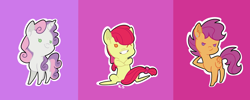 Size: 1024x410 | Tagged: safe, artist:radioactivespaghetti, derpibooru import, apple bloom, scootaloo, sweetie belle, earth pony, pegasus, pony, unicorn, bow, cutie mark background, cutie mark crusaders, ear piercing, earring, female, hair bow, jewelry, looking at you, mare, piercing, trio