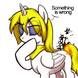 Size: 1100x1100 | Tagged: safe, artist:a1tar, derpibooru import, oc, oc only, oc:deadie, alicorn, pony, alicorn oc, animated, clothes, dialogue, digital art, eye clipping through hair, female, fire, mare, on fire, one hoof raised, scarf, simple background, solo, thinking, transparent background, ych result, yellow hair, yellow mane