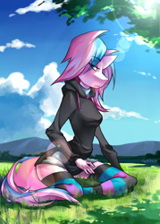 Size: 1417x1984 | Tagged: safe, artist:hattikey, derpibooru import, oc, oc only, oc:panda shade, anthro, alternate hairstyle, clothes, collar, hoodie, looking at you, outdoors, sitting, socks, striped socks