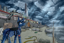 Size: 3000x2000 | Tagged: safe, artist:vendigo, derpibooru import, oc, oc only, pony, unicorn, beach, building, citadel, clothes, cloud, cloudy, digital art, half-life, half-life 2, high res, looking up, male, military uniform, sky, stallion, uniform, ych result