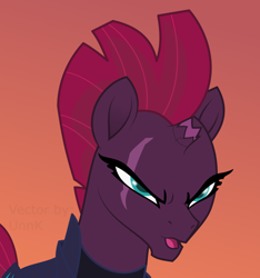 Size: 1018x1086 | Tagged: safe, artist:unnk, derpibooru import, tempest shadow, pony, unicorn, my little pony: the movie, broken horn, eye scar, female, mare, narrowed eyes, open mouth, orange background, scar, simple background, solo, vector