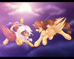 Size: 3599x2900 | Tagged: safe, artist:fkk, derpibooru import, oc, oc only, oc:eternal light, oc:kalli, alicorn, griffon, alicorn oc, commission, female, flying, male, moon, night, stallion, wings, ych result