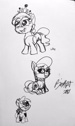 Size: 1830x3070 | Tagged: safe, artist:binkyt11, derpibooru exclusive, diamond tiara, pipsqueak, silver spoon, pony, colt, female, filly, foal, male, monochrome, signature, sitting, traditional art