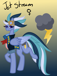 Size: 677x900 | Tagged: safe, artist:eppyminecart, derpibooru import, oc, oc only, oc:jet stream (ice1517), pegasus, pony, bandana, clothes, ear piercing, earring, female, goggles, gradient background, icey-verse, jacket, jewelry, magical lesbian spawn, mare, offspring, parent:indigo zap, parent:night glider, parents:indiglider, piercing, solo