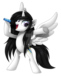 Size: 1024x1273 | Tagged: safe, artist:centchi, derpibooru import, oc, oc:star song, alicorn, pony, bipedal, dexterous hooves, female, mare, microphone, simple background, solo, transparent background, watermark