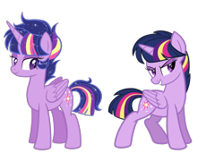 Size: 2304x1584 | Tagged: safe, artist:thecheeseburger, derpibooru import, twilight sparkle, twilight sparkle (alicorn), alicorn, pony, alternate design, alternate universe, duo, female, mare, simple background, smiling, starry mane, transparent background