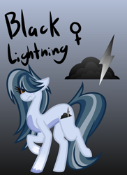 Size: 654x900 | Tagged: safe, artist:eppyminecart, derpibooru import, oc, oc only, oc:black lightning (ice1517), pegasus, pony, female, gradient background, hair over one eye, icey-verse, magical lesbian spawn, mare, offspring, parent:indigo zap, parent:night glider, parents:indiglider, solo, unshorn fetlocks, wingless