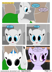 Size: 3840x5280 | Tagged: safe, artist:waveywaves, derpibooru import, oc, oc only, oc:clockwork, oc:joule, oc:perry, pony, robot, robot pony, comic:sentient, comic, speech bubble