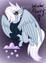 Size: 615x850 | Tagged: safe, artist:eppyminecart, derpibooru import, oc, oc only, oc:winter flurry, pegasus, pony, clothes, female, glasses, gradient background, hair over one eye, icey-verse, magical lesbian spawn, mare, offspring, parent:indigo zap, parent:night glider, parents:indiglider, solo, sweater