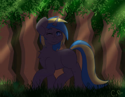Size: 3850x2975 | Tagged: safe, artist:cottonbreeze, oc, oc only, oc:fizzygreen, pony, unicorn, blue, blue eyes, brown, chest fluff, commission, equine, forest, grass, gray, gray coat, green, happy, horn, looking at you, male, nature, nudity, one eye closed, outdoors, smiling, solo, stallion, sunshine, tree, trotting, walking, wink, yellow