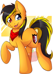 Size: 2480x3507 | Tagged: safe, artist:nana-yuka, derpibooru import, oc, oc only, earth pony, pegasus, pony, black mane, blue eyes, heterochromia, looking at you, multicolored mane, neckerchief, orange coat, raised hoof, red eyes, smiling, solo, watermark