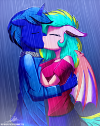 Size: 920x1160 | Tagged: safe, artist:the-butch-x, derpibooru import, oc, oc only, anthro, bat pony, unicorn, anthro oc, bat pony oc, clothes, commission, dress, eyes closed, floppy ears, kissing, male, rain, straight