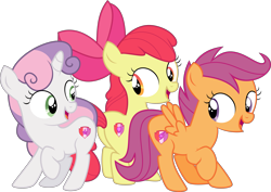 Size: 6089x4306 | Tagged: safe, artist:digimonlover101, derpibooru import, apple bloom, scootaloo, sweetie belle, earth pony, pegasus, pony, unicorn, surf and/or turf, absurd resolution, cute, cutie mark crusaders, female, filly, open mouth, simple background, the cmc's cutie marks, transparent background, trio, vector