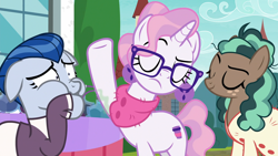 Size: 1920x1080 | Tagged: safe, derpibooru import, screencap, ever essence, minty mocha, raspberry latte, earth pony, pony, unicorn, the parent map, armpits, body odor, disgusted, female, glasses, hipster, mare, sire's hollow, smell, smelly, trio, visible stench