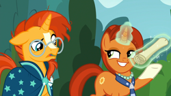 Size: 1920x1080 | Tagged: safe, derpibooru import, screencap, stellar flare, sunburst, pony, unicorn, the parent map, discovery family logo, duo, female, magic, male, mare, mother and child, mother and son, parent and child, plan, raised eyebrow, scroll, sire's hollow, stallion, stellarsmug, telekinesis, that pony sure does love plans, walking