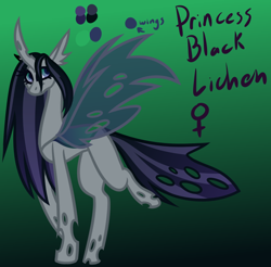 Size: 818x804 | Tagged: safe, artist:eppyminecart, derpibooru import, oc, oc only, oc:princess black lichen, changeling, hybrid, changeling oc, female, gradient background, icey-verse, interspecies offspring, offpsirng, offspring, parent:queen chrysalis, parent:shining armor, parents:shining chrysalis, purple changeling, solo, white changeling