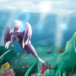 Size: 2700x2700 | Tagged: safe, artist:helgabuttercup, oc, oc only, merpony, pony, commission, ocean, scenery, signature, solo, underwater, wings