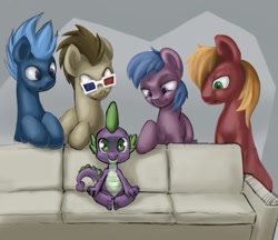 Size: 1249x1080 | Tagged: safe, artist:sharpy, derpibooru import, big macintosh, doctor whooves, spike, dragon, 3d glasses, :3, and then spike was gay, doctorspike, imminent sex, implied gay, male, meme, piper perri surrounded, shipping, sofa, spike gets all the stallions, spikentosh