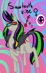 Size: 506x793 | Tagged: safe, artist:eppyminecart, derpibooru import, oc, oc only, oc:sawtooth vibe, earth pony, pony, clothes, ear piercing, earring, female, glasses, headphones, icey-verse, jacket, jewelry, magical lesbian spawn, mare, music notes, offspring, parent:octavia melody, parent:vinyl scratch, parents:scratchtavia, piercing, solo