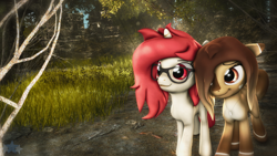 Size: 1920x1080 | Tagged: safe, artist:star-lightstarbright, derpibooru import, oc, oc only, oc:claire, oc:red ace, earth pony, pony, unicorn, 3d, female, glasses, mare, source filmmaker, tree