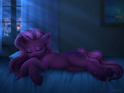 Size: 1200x900 | Tagged: safe, artist:scheadar, derpibooru import, oc, oc only, pony, unicorn, bed, commission, female, mare, night, sleeping, solo, window, ych result