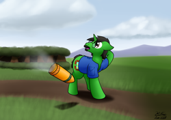 Size: 2489x1757 | Tagged: safe, artist:the-furry-railfan, derpibooru import, oc, oc only, unicorn, artillery, clothes, cloud, cloudy, confused, dirt road, facial hair, forest, glasses, grass field, mountain, mountain range, moustache, this will end in balloons, this will end in explosions, vest