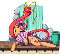 Size: 2202x1940 | Tagged: safe, artist:francusfri, derpibooru import, sable spirit, dragon, pony, unicorn, campfire tales, bedroom eyes, bow, chinese dragon, clothes, curved horn, cutie mark, fan, fanning, female, looking at you, magic dragon, mare, on side, robe, sexy, smiling, solo, stupid sexy sable spirit, vase, waterfall