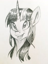 Size: 3024x4032 | Tagged: safe, artist:smirk, derpibooru import, twilight sparkle, bust, monochrome, pencil, portrait, sketch, smiling, solo, traditional art