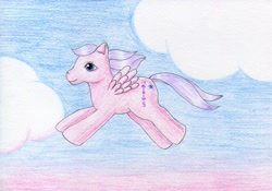 Size: 1024x715 | Tagged: safe, artist:normaleeinsane, derpibooru import, baby north star, g1, cloud, solo, traditional art