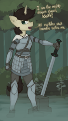 Size: 859x1520 | Tagged: safe, artist:marsminer, derpibooru import, oc, oc only, oc:keith, anthro, armor, forest, knight, lake, sword, water, weapon