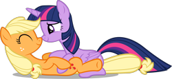 Size: 2410x1107 | Tagged: safe, artist:zacatron94, derpibooru import, applejack, twilight sparkle, twilight sparkle (alicorn), alicorn, earth pony, pony, boop, cuddling, female, lesbian, mare, noseboop, shipping, simple background, transparent background, twijack