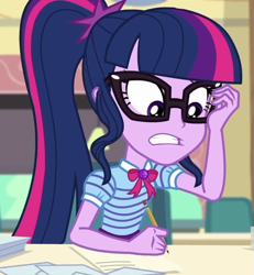 Size: 665x719 | Tagged: safe, derpibooru import, screencap, sci-twi, twilight sparkle, better together, equestria girls, the last day of school, cropped, female, geode of telekinesis, glasses, nervous, pencil, solo