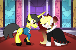 Size: 2859x1880 | Tagged: safe, artist:darbypop1, derpibooru import, oc, oc only, oc:destiny blood, oc:magic muse, pony, unicorn, clothes, dress, female, gala dress, male, mare, stallion