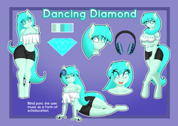 Size: 3507x2480 | Tagged: safe, artist:tatemil, derpibooru import, oc, oc only, oc:dancing diamond, anthro, unguligrade anthro, clothes, cute, headphones, short shirt, shorts, shy