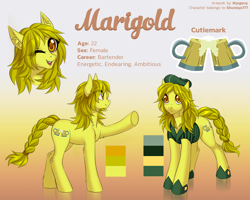 Size: 1250x1000 | Tagged: safe, artist:margony, derpibooru import, oc, oc only, oc:marigold, earth pony, pony, commission, cutie mark, digital art, female, mare, one eye closed, reference sheet, tail band, wink