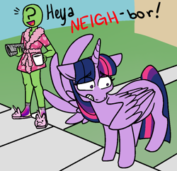 Size: 886x856 | Tagged: safe, artist:/d/non, derpibooru import, twilight sparkle, twilight sparkle (alicorn), oc, oc:anon, alicorn, human, pony, :d, awkward, bad pun, bathrobe, clothes, coffee mug, covering, description is relevant, dialogue, duo, embarrassed, female, frown, gritted teeth, looking away, male, mare, mug, neigh, newspaper, open mouth, pun, robe, slippers, smiling, spread wings, stupid sexy anon, wide eyes, wing hands, wings