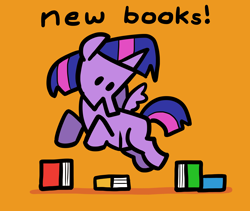 Size: 7600x6400 | Tagged: safe, artist:docwario, derpibooru import, twilight sparkle, twilight sparkle (alicorn), alicorn, pony, absurd resolution, book, dialogue, female, happy, mare, orange background, simple background, solo, that pony sure does love books