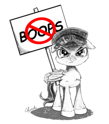 Size: 1250x1419 | Tagged: safe, artist:chopsticks, derpibooru import, oc, oc only, oc:chopsticks, chest fluff, clothes, ear fluff, floppy ears, funny, hat, male, protest, sign, simple background, sketch, solo, stallion, text, this will end in boops, unamused