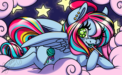 Size: 1280x790 | Tagged: safe, artist:rainbowsaliva, derpibooru import, oc, oc only, pegasus, pony, candy, cloud, diamond eyes, female, food, lollipop, multicolored mane, multicolored tail, night, prone, solo, stars