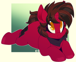 Size: 1200x979 | Tagged: safe, artist:locosaltinc, derpibooru import, oc, oc only, oc:grease lightning, pony, unicorn, bandana, cute, cutie mark, female, mare, neckerchief, prone, solo