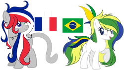 Size: 1024x577 | Tagged: safe, artist:cosmicwitchadopts, derpibooru import, earth pony, pony, blank flank, brazil, cat tail, duo, female, france, mare, nation ponies, ponified, simple background, transparent background